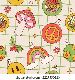 70s Retro Groovy Christmas festive winter holidays seamless pattern. Hippie elements digital paper repeating background for wrapping paper, stationery, fabric. Vector contour hand drawn illustration.