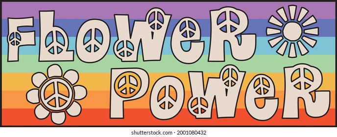 70s retro groovy flower power slogan print with rainbow and peace sign for girl - kids tee t shirt or sticker - Vector