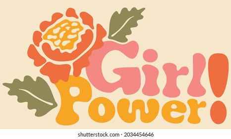 70s retro groovy girl power slogan print with flower illustration for girl - kids graphic tee t shirt or sticker - Vector