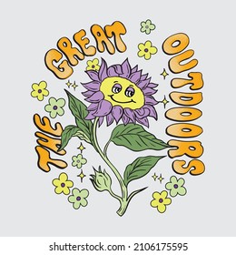 70s Retro groovy The great outdoors slogan print, Daisy flower illustration print with inspirational slogan typography  for girl, kids graphic tee t shirt or sticker