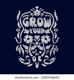 70s retro groovy Grow your love slogan print, Daisy flower illustration print with inspirational slogan typography  for girl, kids graphic tee t shirt or sticker