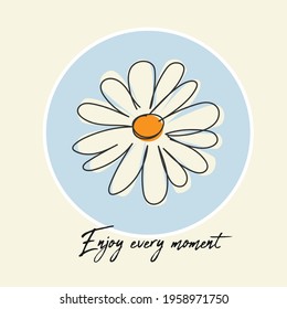 70s Retro Groovy Hippie Enjoy Every Moment slogan illustration with cute daisy flower drawing. Vintage Graphic Text Print for girl tee  t shirt and sticker