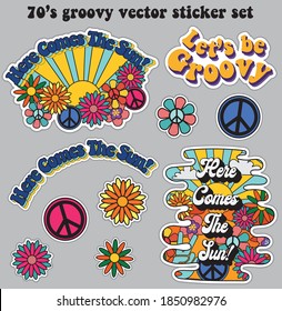 70s retro groovy hippie logo slogan illustration with peace sign and flowers sticker and patch set - Vintage vector