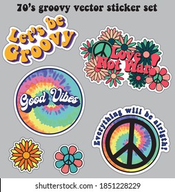 70s retro groovy hippie logo slogan illustration with peace sign and flowers sticker and patch set - Vintage vector