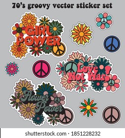 70s retro groovy hippie logo slogan illustration with peace sign and flowers sticker and patch set - Vintage vector