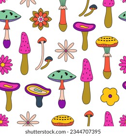 70s Retro groovy hippie mushrooms pattern. Seamless repeat background. Psychedelic vintage concept. Retro revival. Good vibes. Fall, autumn. 