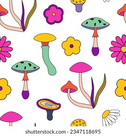 70s Retro groovy hippie mushrooms pattern. Seamless repeat background, digital paper. Psychedelic vintage concept. Retro revival. Good vibes. Fall, autumn. 