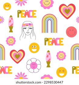 70s retro groovy hippie seamless pattern. Smiling faces, flower child, lava lamp, flowers, rainbows, hearts,Y2k, positive vibes, trippy. Background, digital paper. Vector illustration.
