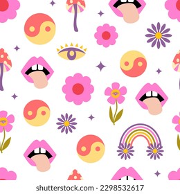 70s retro groovy hippie seamless pattern. Colorful flowers, rainbows, mushrooms, lips, Y2k, 1970 good vibes, trippy. Nostalgic background, digital paper. Vector illustration.