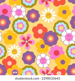 70s retro groovy hippie seamless pattern. Colorful flowers, daisies, camomiles, Y2k, 1970 good vibes, trippy. Nostalgic background, digital paper. Vector illustration.