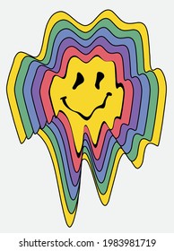 70s retro groovy melting smiley face illustration with rainbow background for girl - kids tee t shirt or sticker poster - Vector