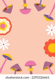 70s retro groovy psychedelic frame. Groovy vintage mushrooms. Poster, flyer, card design. Nostalgia revival background.