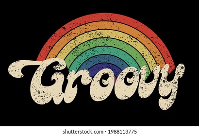 70s Retro Groovy Slogan Print With Rainbow Bridge For Girl - Kids Tee T Shirt Or Sticker Poster - Vector