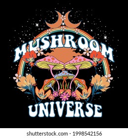 70's Retro groovy slogan print flowers, stars, Mushroom Planet - Hipster graphic vector pattern for tee - t shirt and sweatshirt