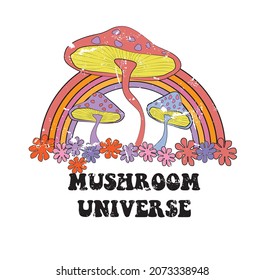 70's Retro groovy slogan print flowers, Mushroom Planet - Hipster graphic vector pattern for tee - t shirt and sweatshirt