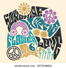 70s retro groovy slogan print and hippie symbols illustration for graphic tee t shirt or poster sticker