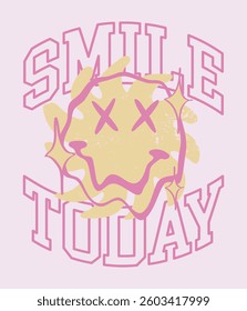 70's Retro groovy smiling face smiley illustration with varsity typography motivational smile slogan and vintage abstract sun for graphic tee t shirt or poster sticker - Vector
