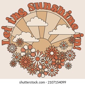 70s Retro Groovy Sun Daisy Hippie Flowers Illustration Print With Vintage Slogan For Graphic Tee T Shirt Or Poster Sticker - Vector