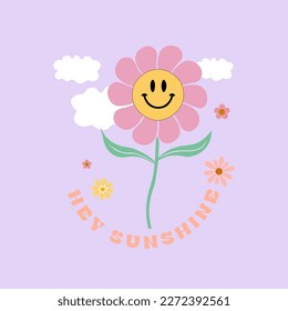 70s retro groovy, sunflower illustration print with inspirational slogan for girl, kids graphic tee t shirt or sticker