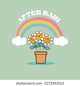 70s retro groovy, sunflower and rainbow illustration print with inspirational slogan for girl, kids graphic tee t shirt or sticker