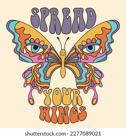 70s retro groovy vintage abstract butterfly illustration print with motivational slogan for graphic tee t shirt or poster sticker - Vector