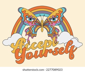 70s retro groovy vintage abstract butterfly illustration print with motivational slogan for graphic tee t shirt or poster sticker - Vector