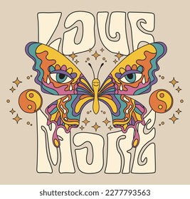 70s retro groovy vintage abstract butterfly illustration print with motivational slogan for graphic tee t shirt or poster sticker - Vector