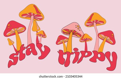 70s Retro hippie magic mushroom illustration print with stay trippy slogan for graphic tee t shirt or poster - Vector