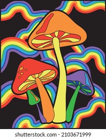 Ilustración de hongos mágicos retro hippie de los años 70 impresa con fondo de arcoiris para camiseta o afiche gráfico - Vector