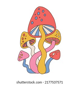 70s Retro hippie magic mushroom bunch in groovy style for graphic tee t shirt or poster. Hand drawn linear vector illustration.