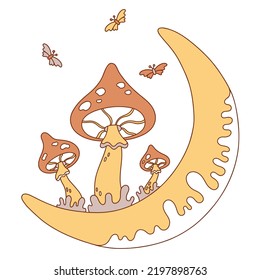 70s Retro hippie magic mushroom with moon and butterflies illustration print. Vector
