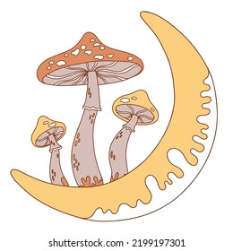 70s Retro hippie magic mushroom with moon. Vector illustration