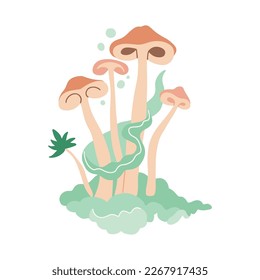 70s Retro hippie magic mushroom with green smoke print for graphic tee t shirt or poster sticker. Vector flat hand drawn illustration.