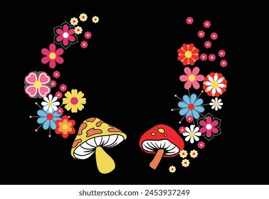 70s Retro hippie magic mushroom and flowers illustration print for graphic tee or poster.