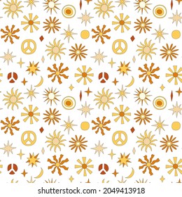 70 vectores de hippy retro patrón sin fisuras. Groovy patrón de repetición vintage con sol, señal de paz, estrellas. Huella hippie de doodle ondulada para papel pintado, banner, diseño textil, tela, envoltura. Antecedentes abstractos