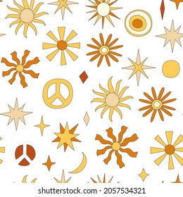 70s retro hippy vector seamless pattern. Groovy vintage repeat pattern with sun, peace sign, stars. Wavy doodle hippie print for wallpaper, banner, textile design,fabric, wrapping. Abstract background