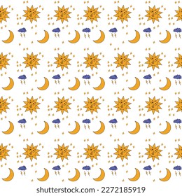 70s retro hippy vector seamless pattern. Groovy vintage repeat pattern with sun, peace sign, stars, month.