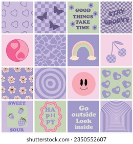 70s retro inspirational poster set with vintage groovy typography with daisy flowers, hearts, rainbow, smiley face for graphic tee t shirt or sticker poster