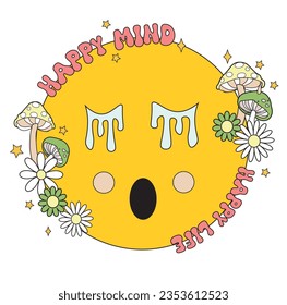 70s retro inspirational slogan print with magic mushroom and flower illustration for graphic tee t shirt or sticker poster - Vector