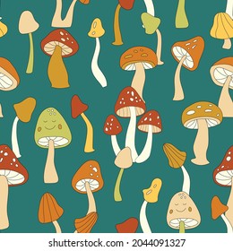Patrón sin fisuras del vector de hongos retro de los años 70. Groovy patrón de repetición floral vintage con hongos, mosca agaric. Huella hippie de setas para papel pintado, pancarta, tela, envoltura. Antecedentes abstractos