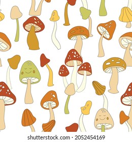 70s retro mushroom vector seamless pattern. Groovy vintage floral repeat pattern with fungi, fly agaric. Cute mushroom hippie print for wallpaper, banner, fabric, wrapping. Abstract background