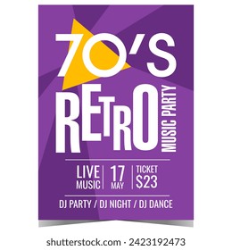 70s retro music party invitation poster or banner. Vector design template for old vintage entertainment event with hits from the seventies at disco dance night club with live DJ set.