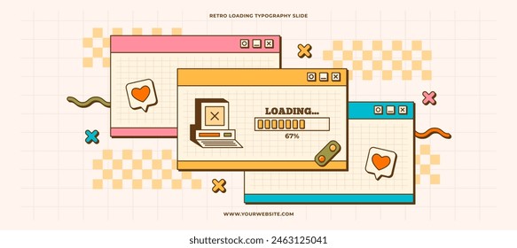 70s retro viejo fondo de la computadora. Cargando proceso de barra. Carga en curso. Lindos Elementos de Vector nostálgico de diseño de Sitio web ui y ux. Iconos de Memphis.