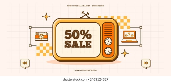 70s retro old computer user interface sale banner. Up to 50 percent off groovy background. TV, laptop, photo camera vector elements of UI and UX website design.