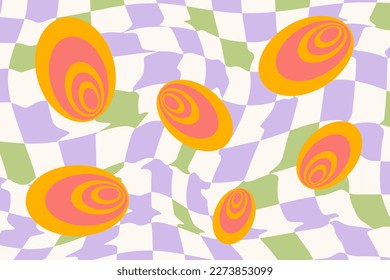 70 Patrón retro groovy trippy con círculos psicodélicos. Cuadrícula Trippy, Patrón De Giro Ondulado. Estilo Setenta. Estética hippie. Antecedentes abstractos. Ilustración vectorial