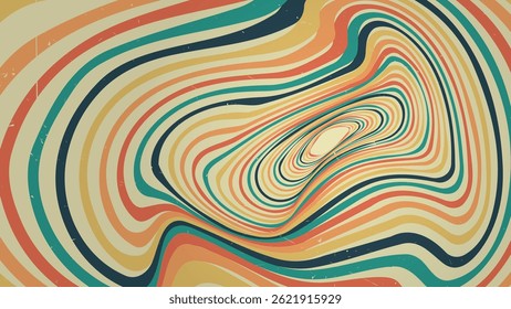 70s retro perspective groovy swirl lines rainbow background. Vintage grunge colourful stripes banner, backdrop and wallpaper vector.	
