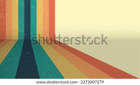 70s retro perspective lines rainbow background. Vintage grunge colourful stripes banner, backdrop and wallpaper vector.