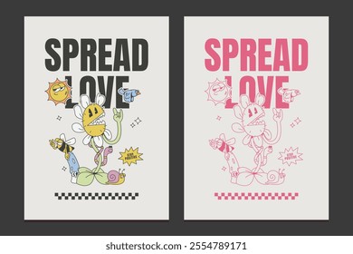 70s retro poster with cute cartoon characters and positive quotes, vector illustration	
