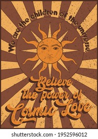 70s retro poster print with sun face and cosmic love slogan vintage colors for girl - woman tee t shirt - Vector