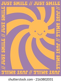 70s retro poster with smiling face in hippie rainbow sunshine background. Vector print with "Just smile" slogan for t-shirt, sticker, poster. Hippie retro concept. 